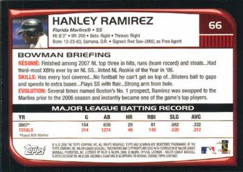 2008 Bowman #66 Hanley Ramirez Back