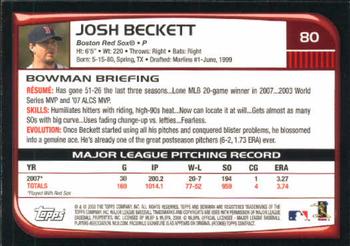 2008 Bowman #80 Josh Beckett Back