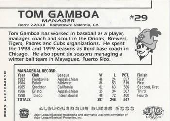 2000 Grandstand Albuquerque Dukes #NNO Tom Gamboa Back
