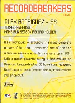 2003 Topps - Record Breakers (Series One) #RB-AR Alex Rodriguez Back