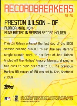 2003 Topps - Record Breakers (Series One) #RB-PW Preston Wilson Back