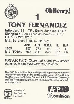 1990 Toronto Blue Jays Fire Safety #NNO Tony Fernandez Back