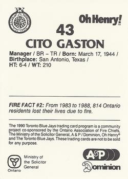 1990 Toronto Blue Jays Fire Safety #NNO Cito Gaston Back