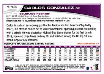 2013 Topps Opening Day #113 Carlos Gonzalez Back