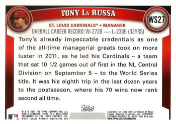 2011 Topps World Series Champions St. Louis Cardinals #WS27 Tony LaRussa Back