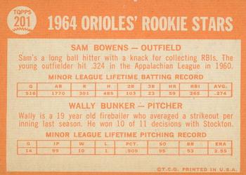 2013 Topps Heritage - 50th Anniversary Buybacks #201 Orioles 1964 Rookie Stars (Sam Bowens / Wally Bunker) Back