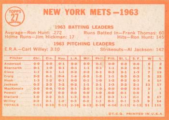2013 Topps Heritage - 50th Anniversary Buybacks #27 New York Mets Back