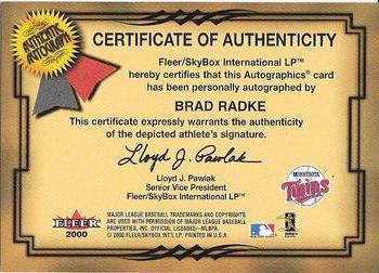 2001 Fleer Premium - Autographics Gold #NNO Brad Radke Back