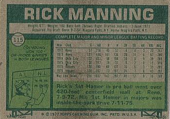 1977 Topps #115 Rick Manning Back
