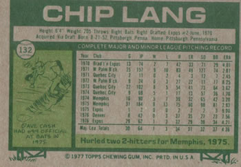 1977 Topps #132 Chip Lang Back