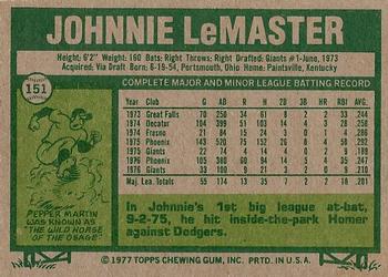 1977 Topps #151 Johnnie LeMaster Back