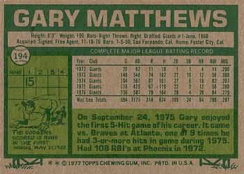 1977 Topps #194 Gary Matthews Back