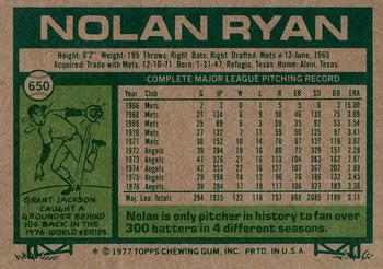 1977 Topps #650 Nolan Ryan Back