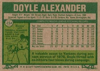 1977 Topps #254 Doyle Alexander Back