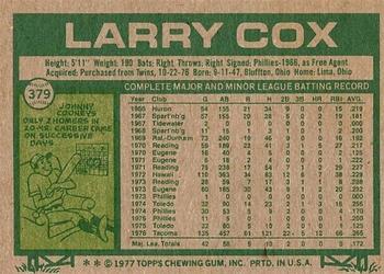 1977 Topps #379 Larry Cox Back