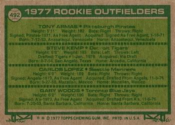 1977 Topps #492 1977 Rookie Outfielders (Tony Armas / Steve Kemp / Carlos Lopez / Gary Woods) Back