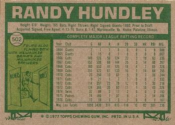 1977 Topps #502 Randy Hundley Back