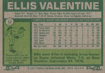 1977 Topps #52 Ellis Valentine Back