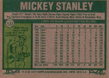 1977 Topps #533 Mickey Stanley Back