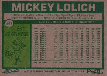 1977 Topps #565 Mickey Lolich Back