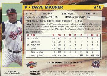 2004 Choice Syracuse SkyChiefs #18 Dave Maurer Back