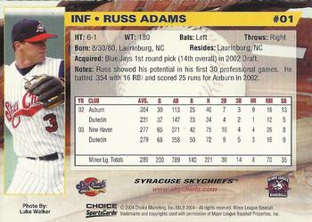 2004 Choice Syracuse SkyChiefs #1 Russ Adams Back