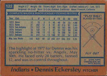 1978 Topps #122 Dennis Eckersley Back