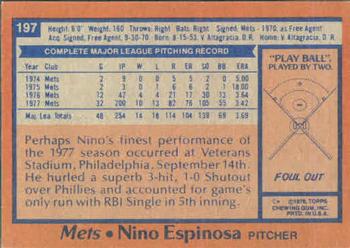 1978 Topps #197 Nino Espinosa Back