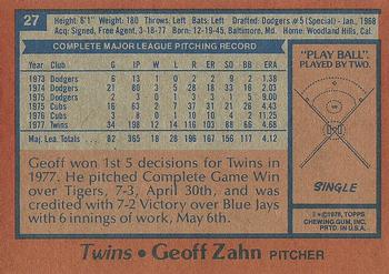 1978 Topps #27 Geoff Zahn Back
