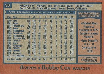 1978 Topps #93 Bobby Cox Back