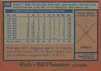 1978 Topps #106 Bill Plummer Back