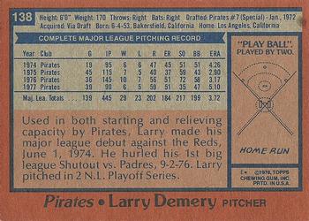1978 Topps #138 Larry Demery Back