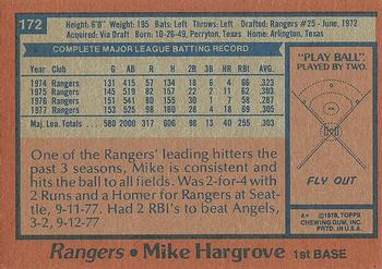 1978 Topps #172 Mike Hargrove Back