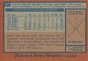 1978 Topps #187 Jerry Royster Back