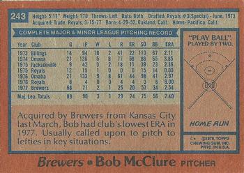 1978 Topps #243 Bob McClure Back