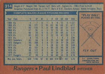 1978 Topps #314 Paul Lindblad Back