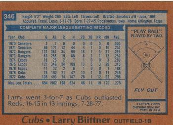 1978 Topps #346 Larry Biittner Back