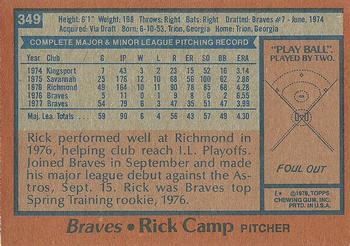 1978 Topps #349 Rick Camp Back