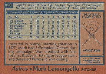 1978 Topps #358 Mark Lemongello Back