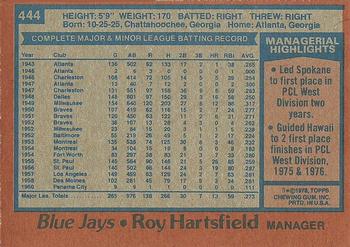 1978 Topps #444 Roy Hartsfield Back