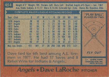 1978 Topps #454 Dave LaRoche Back