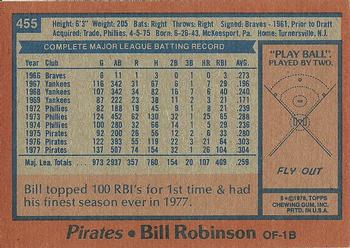 1978 Topps #455 Bill Robinson Back