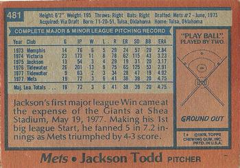 1978 Topps #481 Jackson Todd Back