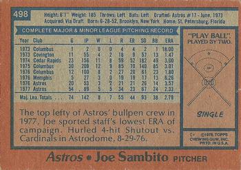 1978 Topps #498 Joe Sambito Back