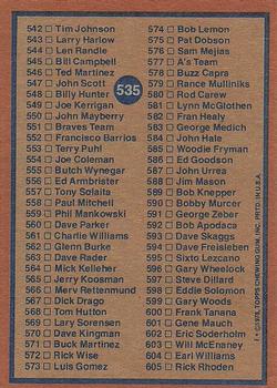 1978 Topps #535 Checklist: 485-605 Back