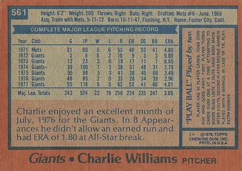 1978 Topps #561 Charlie Williams Back