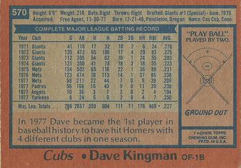 1978 Topps #570 Dave Kingman Back