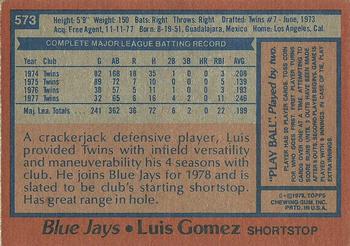 1978 Topps #573 Luis Gomez Back