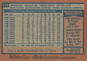 1978 Topps #574 Bob Lemon Back