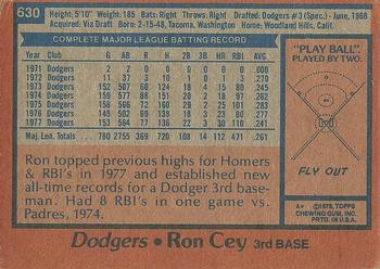 1978 Topps #630 Ron Cey Back